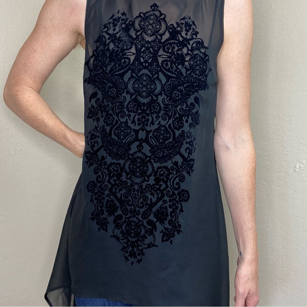 NWT Maurices Black Velvet Geometric Sheer High-Lo Tank Tank - Picture 2 of 6